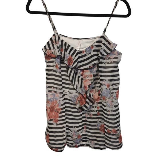 No Boundaries Black White Floral Stripe L Ruffle Tank Babydoll Boho Fairy Witchy - Picture 1 of 5